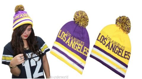 Adults Beanie Hat Mens Ladies Los Angeles Knitted Bobble Fold Up Pom Pom Ski