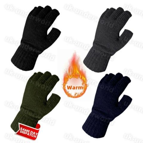 Adults Mens Plain Hot Thermal Fingerless Knitted Half Gloves Winter Warm