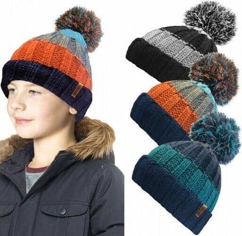 Boys Beanie Hat Chunky Knitted Sherpa Fleece Thermal Lined Childrens Bobble Cap