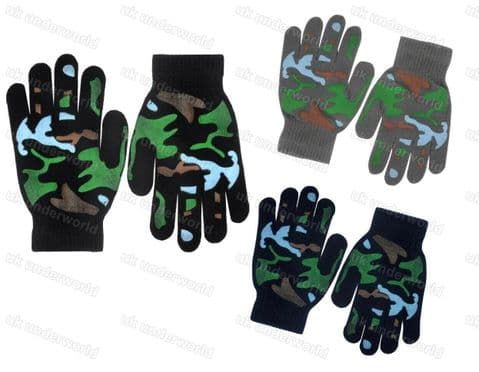 Boys Childrens Gloves Kids Magic Stretch Camouflage Camo Palm Grips Winter Warm
