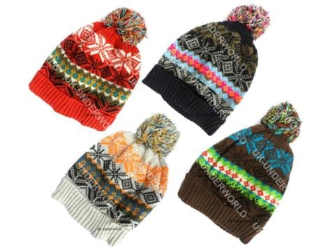 Childrens Beanie Hat Girls Boys Fairisle Nordic Fold Up Knitted Ski Winter Warm