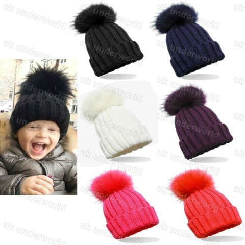Childrens Boys Girls Ribbed Chunky Knitted Beanie Bobble Hat With Fur Pom Pom