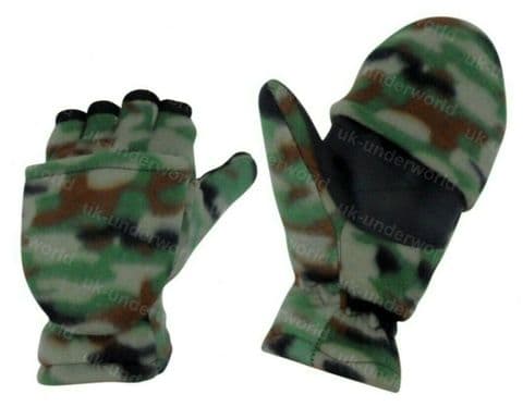 Fingerless Capped Gloves Mens Fleece Mittens Camouflage Camo Army 2 In 1 Combo