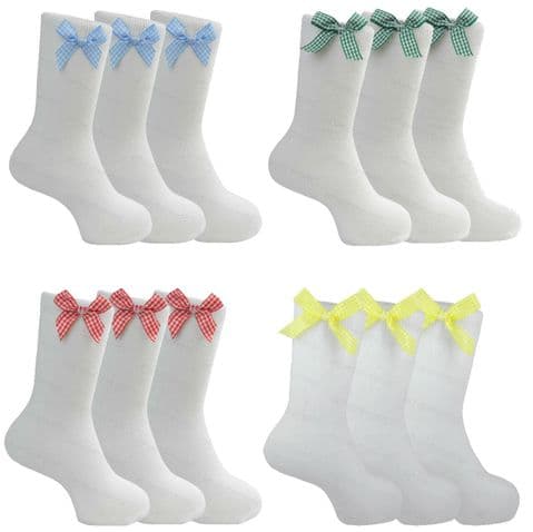 Girls Ankle Socks 3 Pairs Ladies White With Gingham Check Satin Bow School Wear