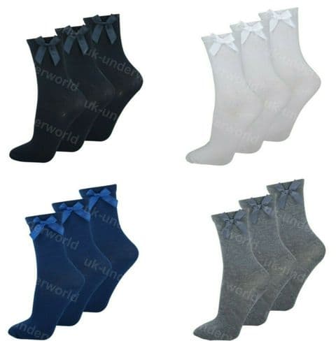Girls Ankle Socks With Satin Bow 3 Pairs Ladies Childrens Back To School Uniform