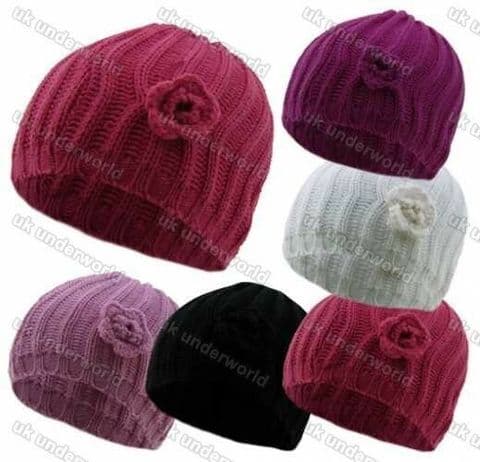 Girls Beanie Hat Chunky Knitted With Crochet Flower Thermal Winter Warm Cap