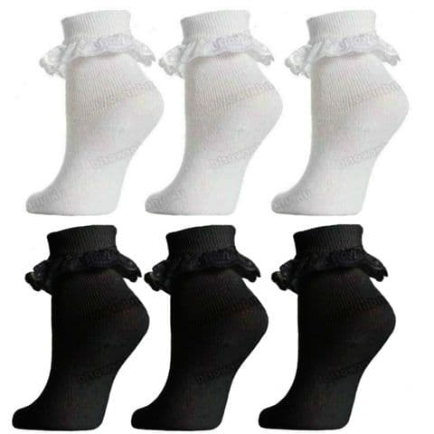 Girls Frill Socks 3 Pairs Childrens Kids Ladies Lace Top Cotton Baby Ankle Socks