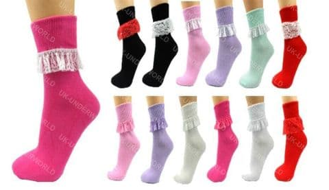 Girls Ladies Socks 1 Pair Frill Lace Ankle Coloured Childrens School Summerwear