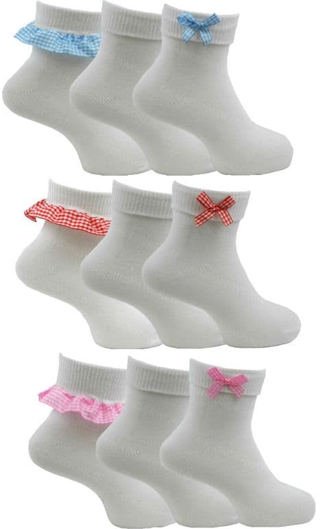 Girls Ladies Socks White Ankle School With Gingham Check Frill Lace Bow 6 Pairs