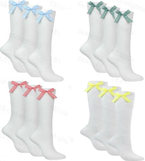 Girls Socks 3 Pairs Ladies White Knee High School With Gingham Check Satin Bow