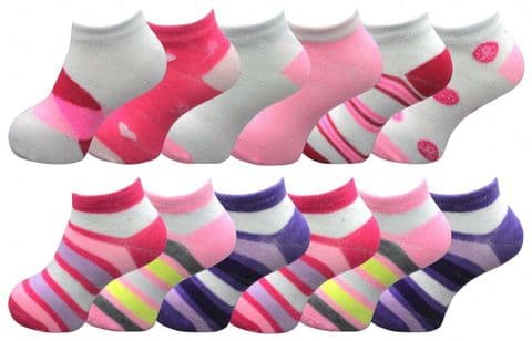 Girls Trainer Socks Childrens Kids Shoe Liners Sports Funky Designs 6 Pairs