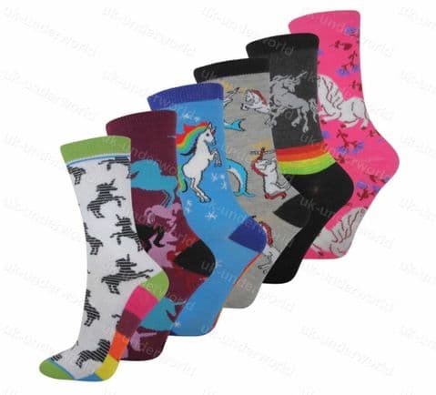 Girls Unicorn Socks 6 Pairs Childrens Kids Character Novelty Funky Designs