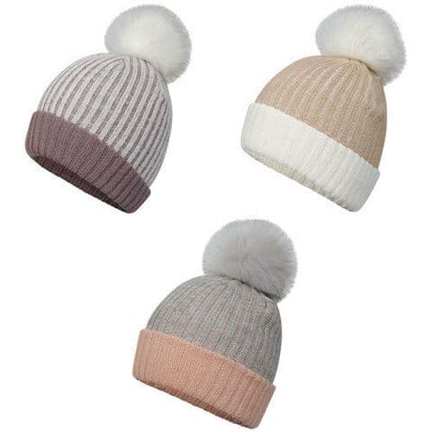Ladies Beanie Hat 2 Tone Ribbed Knitted With Faux Fur Pom Pom Womens Warm Cap