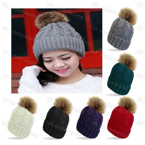 Ladies Beanie Hat Fleece Lined Cable Knitted With Detachable Fur Pom Pom Bobble