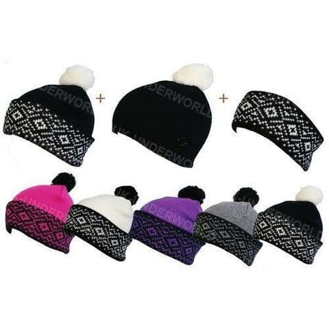 Ladies Beanie Hat Headband 3 In 1 Knitted Fairisle Ski Bobble Adults Cap