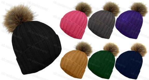 Ladies Beanie Hat Knitted Ribbed Chunky Bobble With Faux Fur Pom Pom Winter Warm
