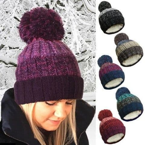 Ladies Beanie Hat Mens Cable Knitted Stripe Sherpa Fleece Lined Large Pom Pom