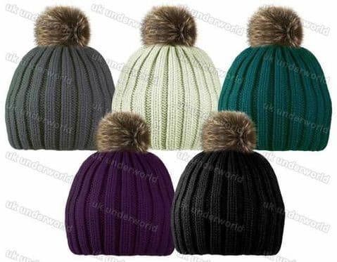 Ladies Beanie Hat Ribbed Knitted Ski with Faux Fur Pom Pom Adults Winter Warm