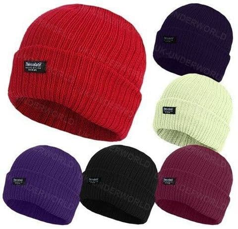 Ladies Beanie Hat Thermal Insulated Fleece Lined Mens Plain Chunky Knitted Cap