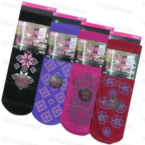 Ladies Bed Socks Non Slip Thermal Slipper With Rubber Gripper Designs 4 Pairs