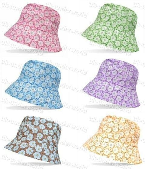 Ladies Bucket Hat Bush Flower Design Adults Festival Beach Sun Summer Cap