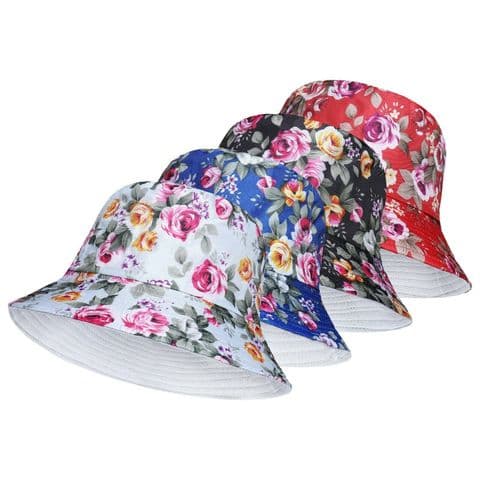 Ladies Bucket Hat Floral Rose Design Summer Beach Bush Cap Adults Headwear