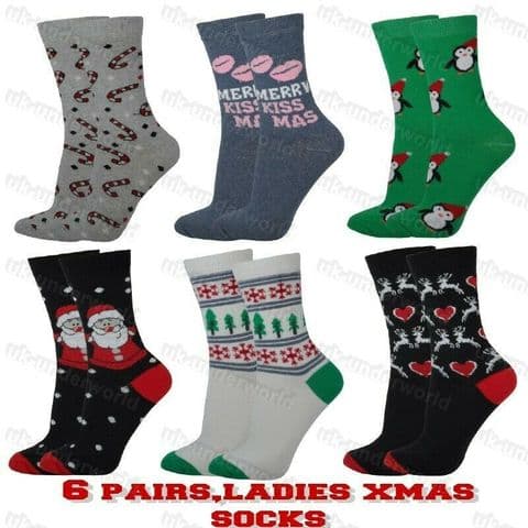 Ladies Christmas Socks 6 Pairs Xmas Festive Novelty Cartoon Santa Designs 4-7