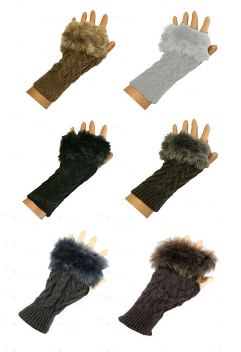 Ladies Fingerless Gloves Fur Trimmed Cable Knit Kit Mitts Mittens Hand Warmer