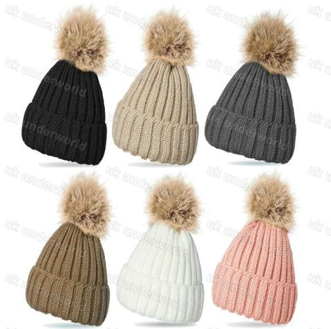 Ladies Knitted Hat Ribbed Beanie Bobble Raccoon Fur Removable XL Pom Pom
