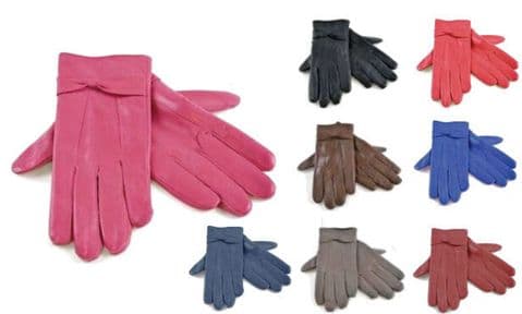 Ladies Leather Gloves Soft Sheepskin With Bow Design Warm Lined Driving Dress