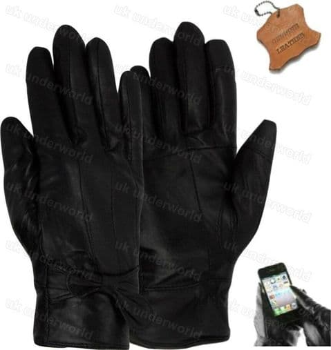 Ladies Leather Gloves Touchscreen Lined With Bow Womens Smart Driving