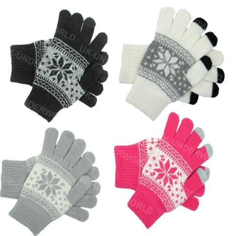Ladies Mens Touch Screen Smart Knitted Gloves Fairisle Snowflake Design Warm