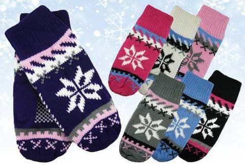 Ladies Mittens Snowflake Fairisle Aztec Knitted Thermal Fleece Lined Winter Warm