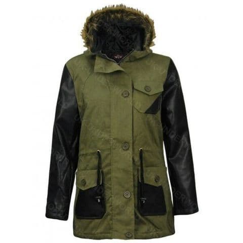 Ladies Parka Coat Khaki Fur Hooded Pvc Arms Lined Fishtail Womens Jacket