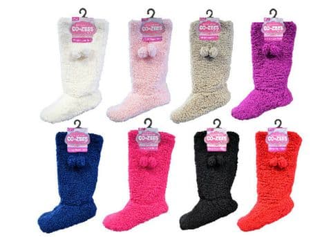 Ladies Slipper Boots Womens Plain Padded Sherpa Slippers With Pom Poms 4-6 / 6-8