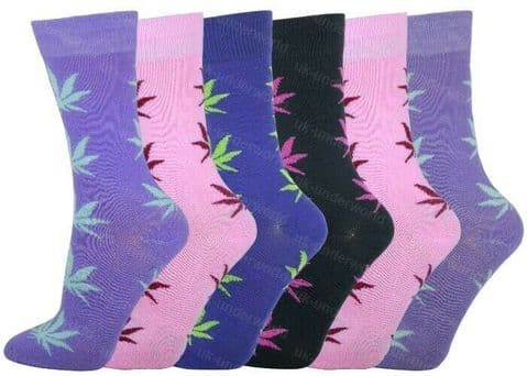 Ladies Socks 6 Pairs Novelty Cannabis Leaf Ganja Marijuana Casual Adults 4-6.5
