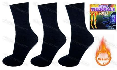 Ladies Thermal Socks 3 Pairs Black Womens Adults Walking Boots Winter Warm 4-7