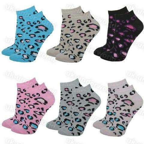 Ladies Trainer Socks 6 Pairs Womens Girls Leopard Design Shoe Liners Adults 4-7