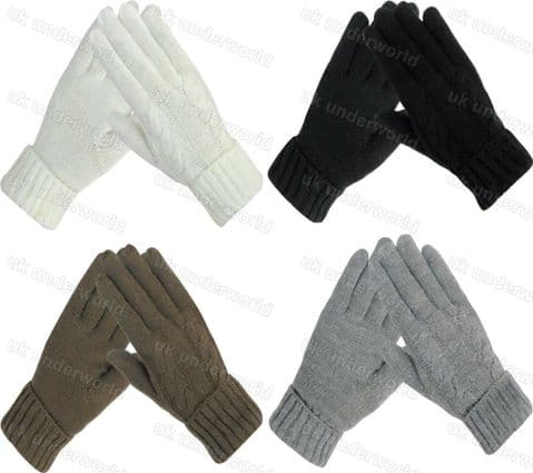 Ladies Womens Gloves Cable Knitted Thermal Fleece Lined Winter Warm