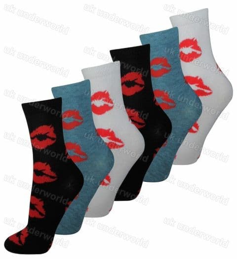 Ladies Womens Socks 3 Pairs Kisses Lips Design Novelty Adults 4-6.5.....Option 4