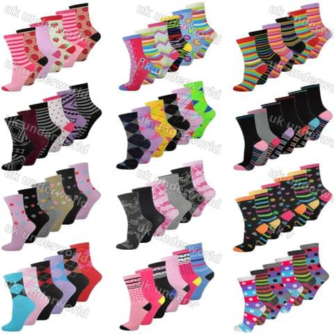 Ladies Womens Socks 6 Pairs Coloured Funky Pattern Design Adults Designer 4-6.5