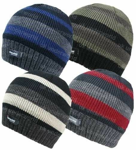 Mens Beanie Hat Thermal Insulation Lined Striped Adults Knitted Winter Warm Cap