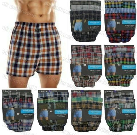Mens Boxer Shorts Checked Woven Cotton Loose Fit Briefs Adults Underwear 3 Pairs