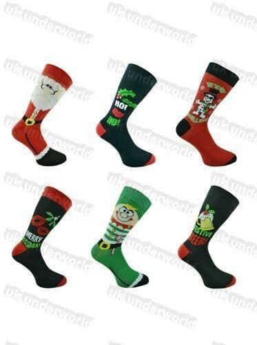 Mens Christmas Socks Xmas Festive Designs Novelty Cartoon Santa 6-11 6 Pairs