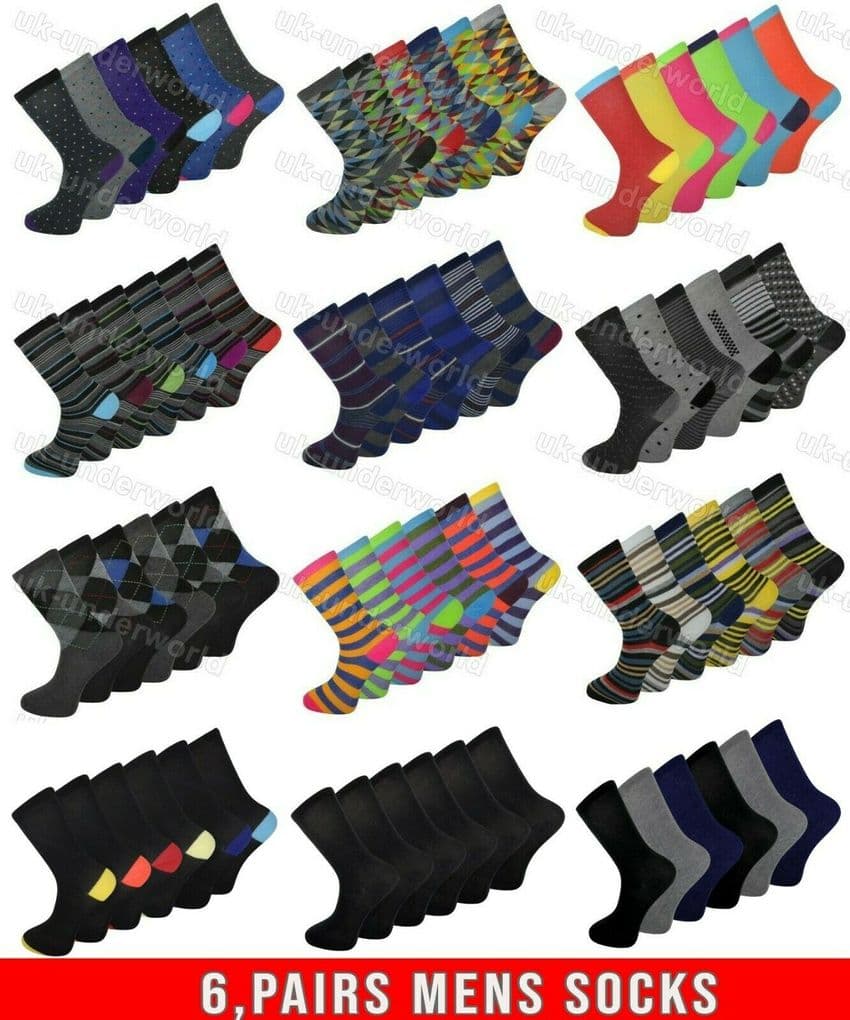 Mens Socks 6 Pairs Coloured Design Smart Suit Work Golf Cotton Blend Adults 6-11 - 384451815984