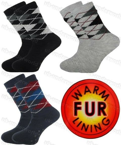 Mens Thermal Socks 4.7 Tog Fleece Sherpa Lining Slipper Gripper Bed Socks Argyle