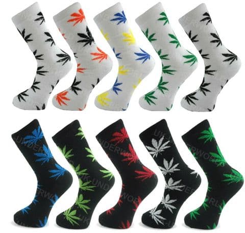 Mens Thermal Socks 5 Pairs Long Sports Black White Leaf Print Weed Cannabis