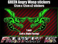 Pair of GREEN Angry Wasp Stickers laptop helmet bike car scooter vespa hornet