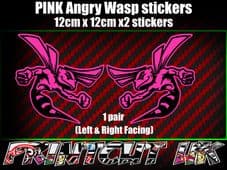 Pair of PINK Angry Wasp Stickers laptop helmet bike car scooter vespa hornet