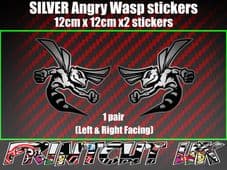 Pair of SILVER Angry Wasp Stickers laptop helmet bike car scooter vespa hornet